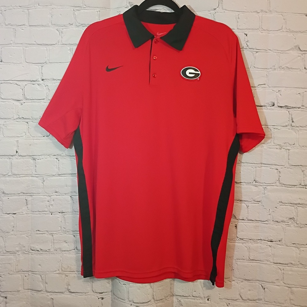 NIKE Dri Fit Georgia‎ Bull Dogs Men's LG Polo Shirt Red Black White Short Sleeve